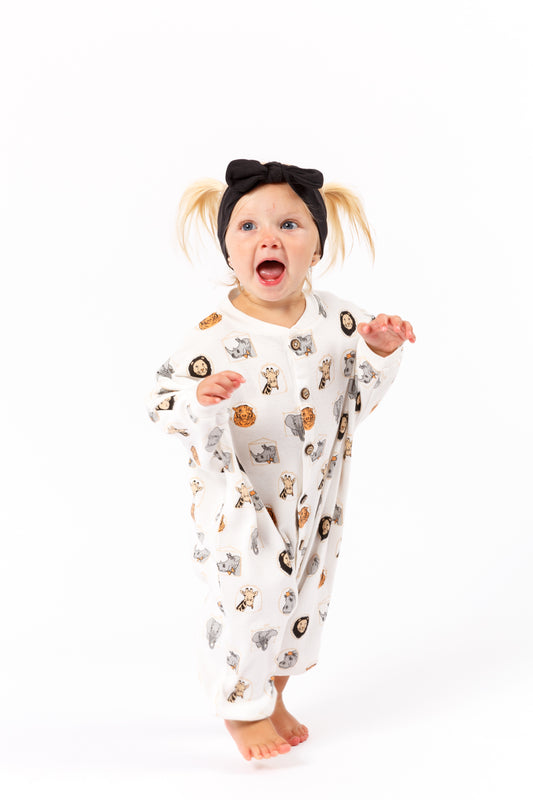 Organic Cotton Long Bubble Romper – Animal Frame Print