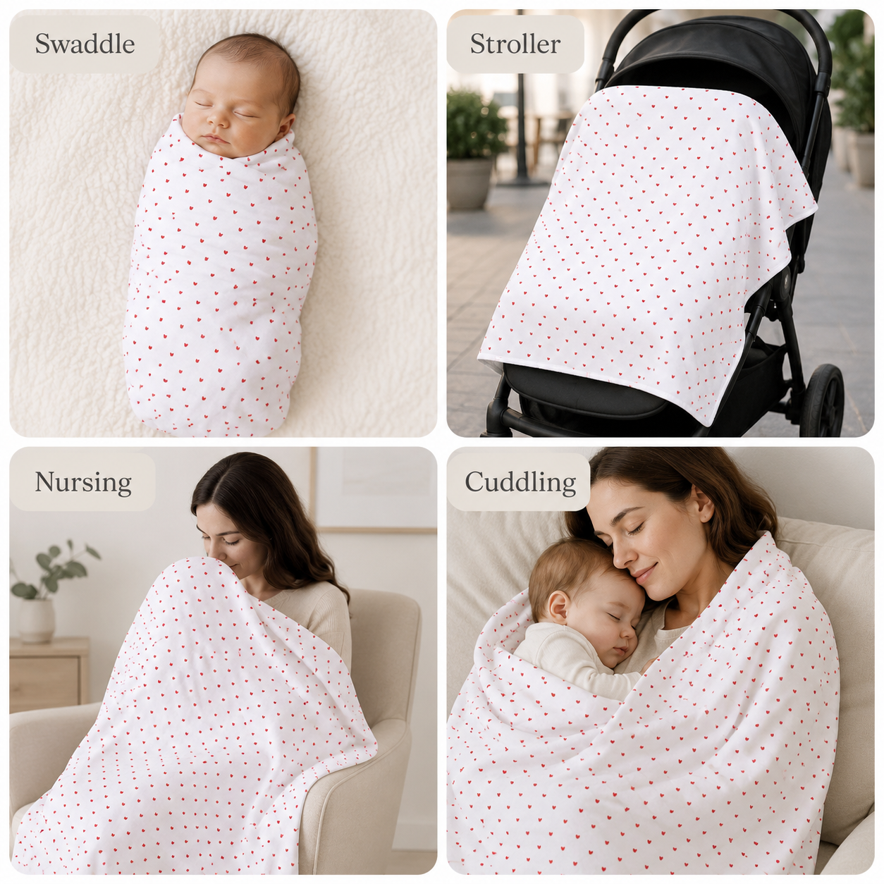 Organic Egyptian Cotton Receiving Blanket – Red Hearts Print